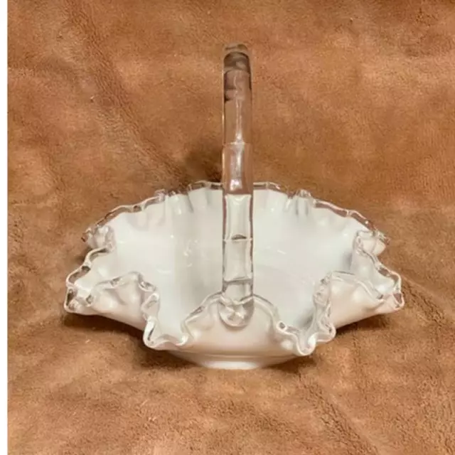 Vintage Fenton Milk Glass, Silver Crest, Crimped Basket w/Clear Glass Handle