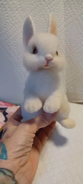 Needle Felted in Wool White Pink Eyed 7 " Rabbit by  Artist Yulia Derevschikova