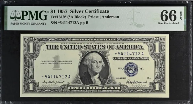 1957 $1 Silver Certificate Star Note, Fr#1619*, Pmg Gem Uncirculated 66 Epq 4712