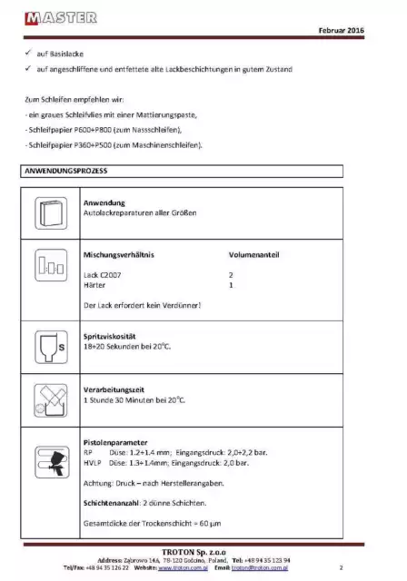 Master Troton C2007 Uhs Acryl Hochglänzende Klarlack  2:1 5L + Härter Fast 2,5L 3