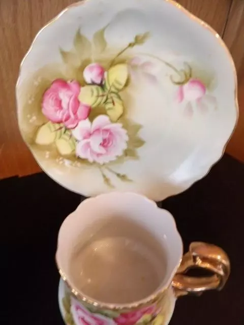 Lefton China Hand Painted Green Heritage Rose #3067 Pink Roses Teacup and Saucer 2
