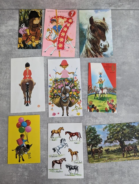Vintage Retro Used Cute Horses Pony  Childrens Baby Birthday Cards x 9
