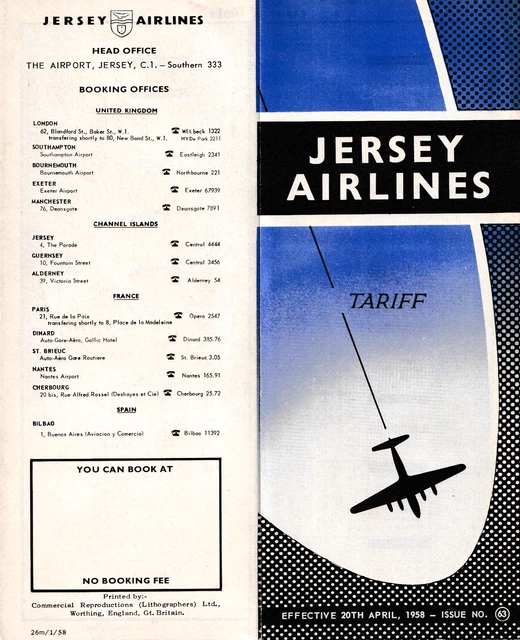 Pomplent 1958 - JERSEY Airlines - Tariff Fold-Out Pamphlet - Issue Number 63 £25 ...