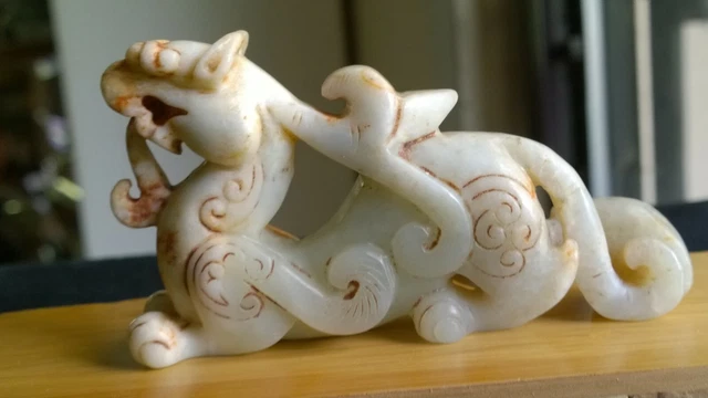 Fine Carving Nephrite Jade Winged Dragon Old Figurine White w/Russet 4" Long.