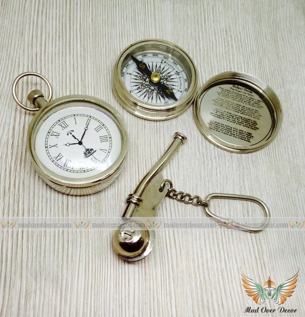 Vintage Nautical Set Of 3 Gift Item Brass Compass Paper Weight Watch Keyring