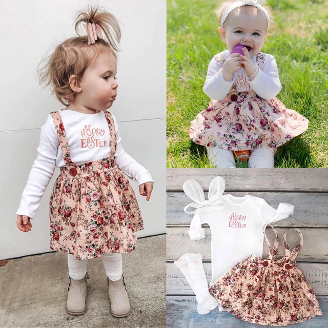 Infant Baby Girls Easter Bunny Rabbit Romper Floral Suspender Skirt Outfits Set