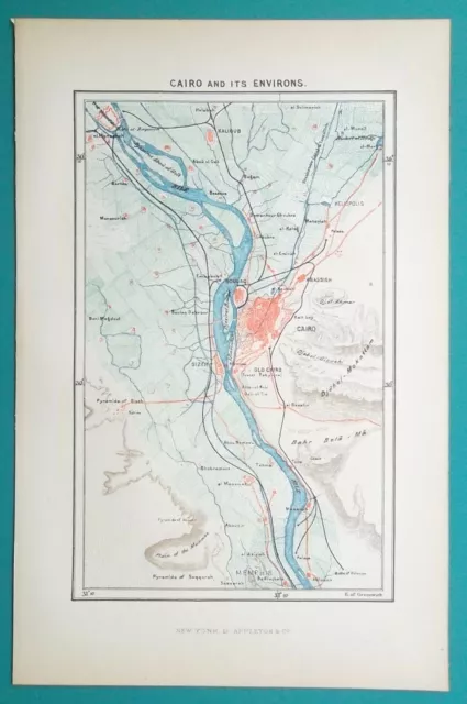 1892 LITHOGRAPH MAP - CAIRO & Environs Africa Memphis Giza Heliopolis