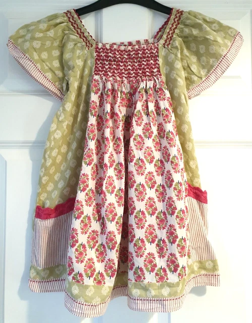 Monsoon Girls Green Pink Floral Striped Print Peasant Gypsy Dress Age 5 6 Years