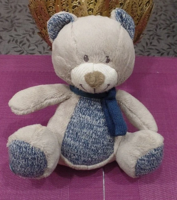 B17G / doudou peluche ours gris assis écharpe bleu tricot NICOTOY