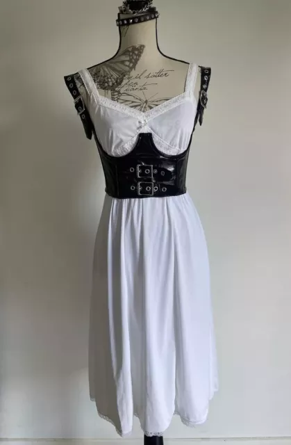 Vintage Retro White Nylon Lace Trim Slip Dress Petticoat Nightgown 14 Fairy Goth
