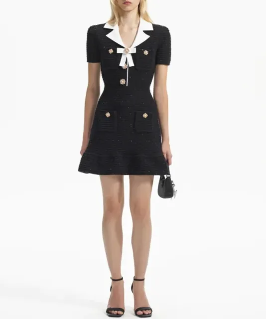 Self-Portrait Black Knit Bow Mini Dress Short Sleeve Slim Fit Dress for Ladies