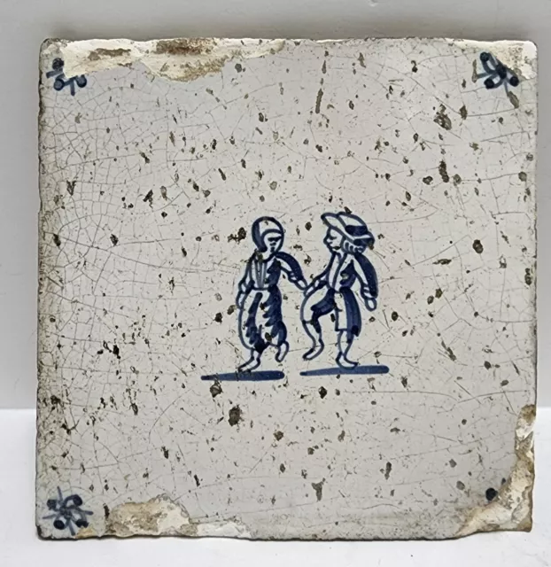 nice 18th century delft hand painted dutch tile  A couple walking hand in hand