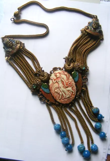 Vintage 1920s Neiger Brothers Egyptian Revival Necklace enamel Czech glass