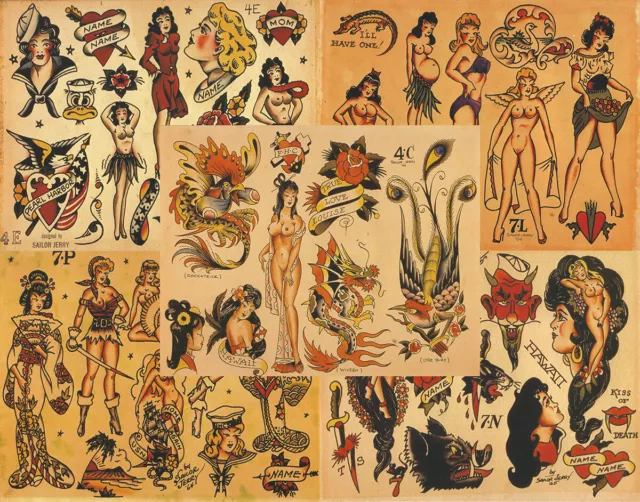 Flash de tatuaje de estilo vintage tradicional Sailor Jerry 5 hojas 11x14" de la vieja escuela S