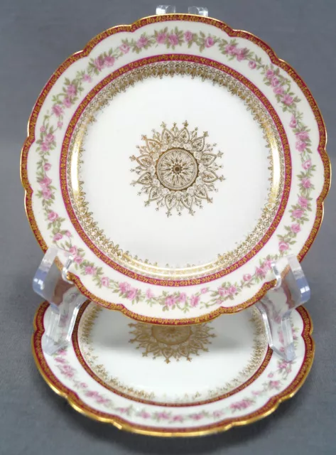 Pair of GDA Limoges Pink Rose Gold Medallion & Maroon Bands Bread Plates