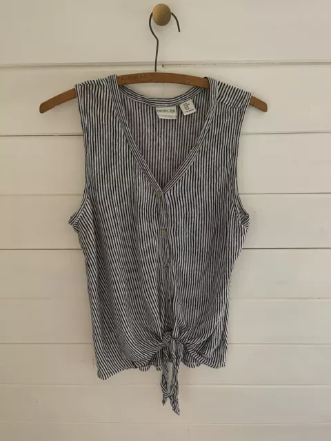 Rachel Zoe Linen Black & White Striped Sleeveless Front Tie Button Up Top MEDIUM