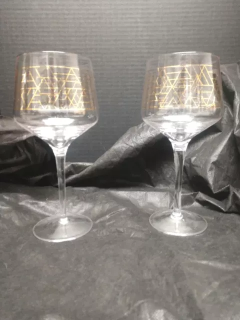 Mid Century Modern Gold Deco  Design Wine Glasses (2)