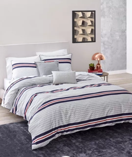 Lacoste KING TEAM Grey 3pc Duvet Cover Sham Set Stripes Zig Zag Blue Red White