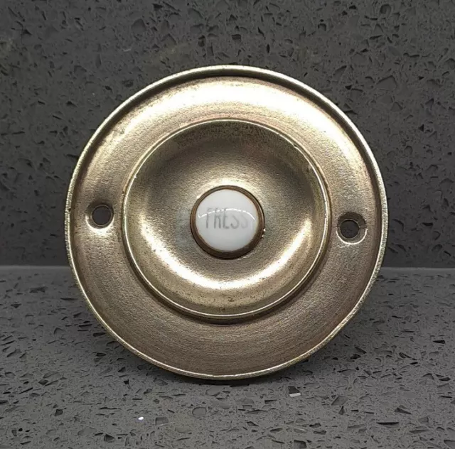 Antique Victorian Brass Door Bell With  Ceramic Press Push Button 3" Diameter