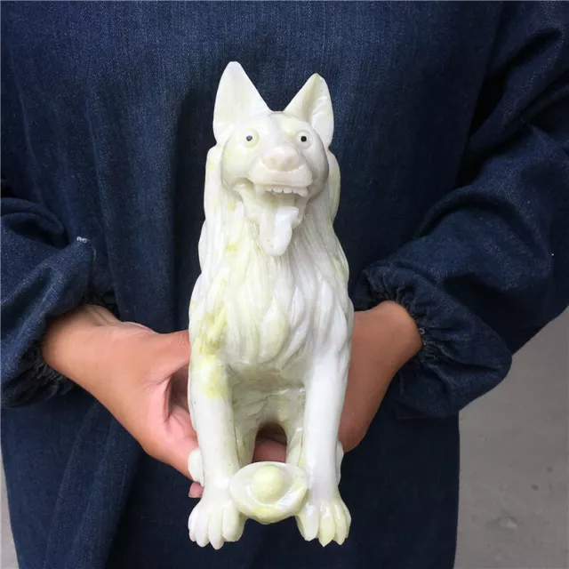 Rare Chinese Lantian Jade Carving Fengshui Zodiac Dog Animal Guard Wealth Statue