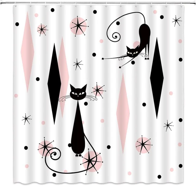 Mid Century Black Cat Shower Curtain, Diamond Atomic Starburst Modern Curtain 71