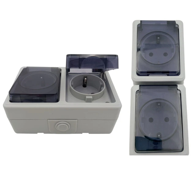 2 Compartiment Prise Zones Humides Double Prise 16 A/250 V/ IP44 Surface Grise