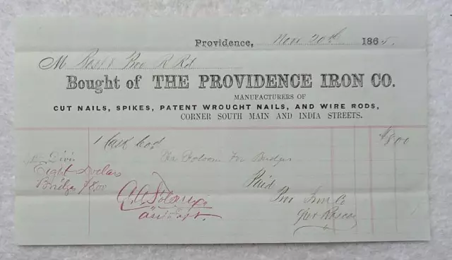 1865 Illustrated Billhead The Providence Iron Co Nails Rhode Island #B4T