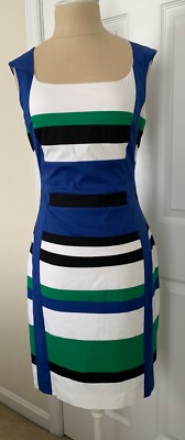 Karen Millen DL191 White Multi Color Navy Green Black Striped Dress Size 6 NWT