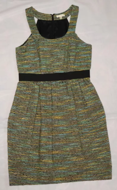 Shoshanna Green Stripe Silk Blend Metallic Sleeveless Pleated Tweed Dress size 2