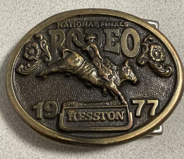 Vintage 1977 Hesston National Finals Rodeo Belt Buckle Brass Bull Rider NFR