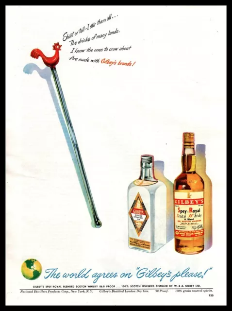 1948 Gilbey's Gin & Spey-Royal Scotch Whisky Rooster Stir Stick Vintage Print Ad