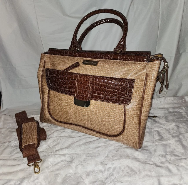 Samantha Brown TAN & BROWN Lg Dowel Bag CROCO EMBOSSED Super Rare 16" x 12" x 8"