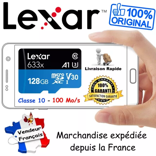 LEXAR Carte Mémoire MicroSD 128 Go 633x UHS-I U3 V30 4K CLASS 10 + Adaptateur SD
