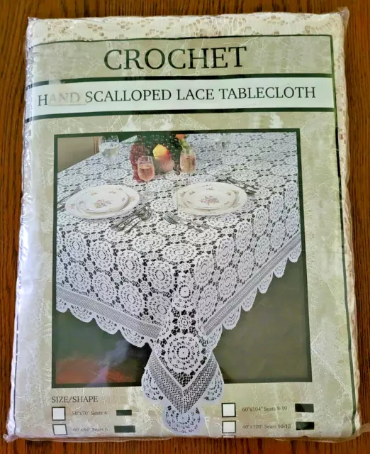 Vintage Crochet Tablecloth Beige Oval 60X84 Hand Scalloped Lace Made in Taiwan