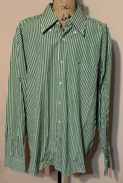 Tommy Hilfiger Mens button down dress shirt Size XL  green striped D