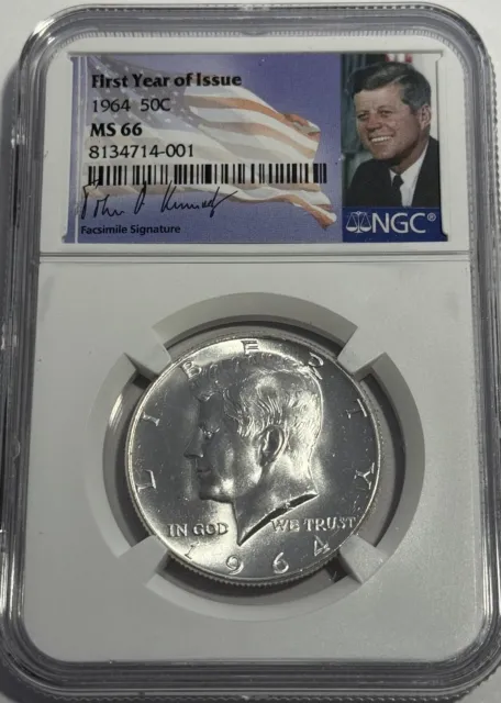 1964 P Ngc Ms66 Silver Kennedy Half Dollar Signature Flag Label 90% Coin Jfk