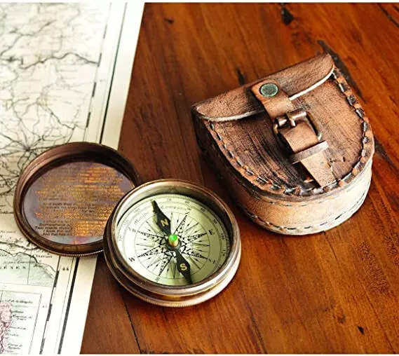 Antiqued Brass Poem Compass With Leather Case Gift Brass Compass