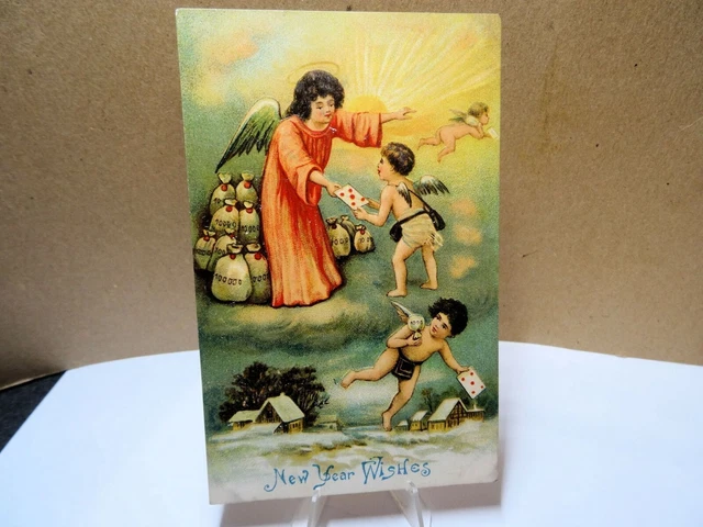 New Year Wishes Angel Handing out Letters Postcard 1911