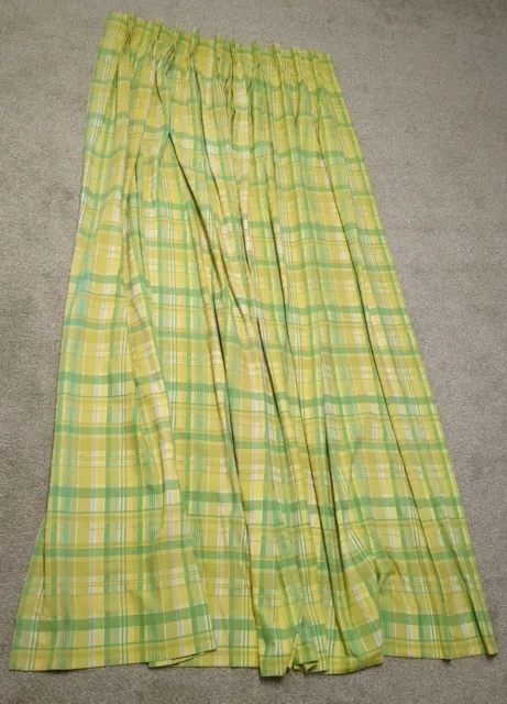 Vintage Mid Century Fabric Curtain Panel Lime Avocado Green Yellow Plaid 1960s