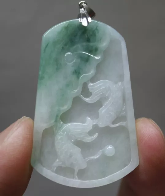 Natural Jade CERTIFIED Grade A Green Jadeite Perfect Carved Koi Fishes Pendant