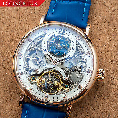 Mens Dual Time Flywheel Automatic Mechanical Watch Rose Gold Blue Deployant