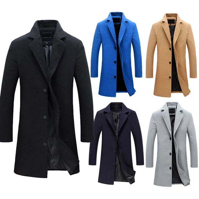 Mens Winter Trench Coat Long Jacket Lapel Neck Outwear Single Breasted  Overcoat 