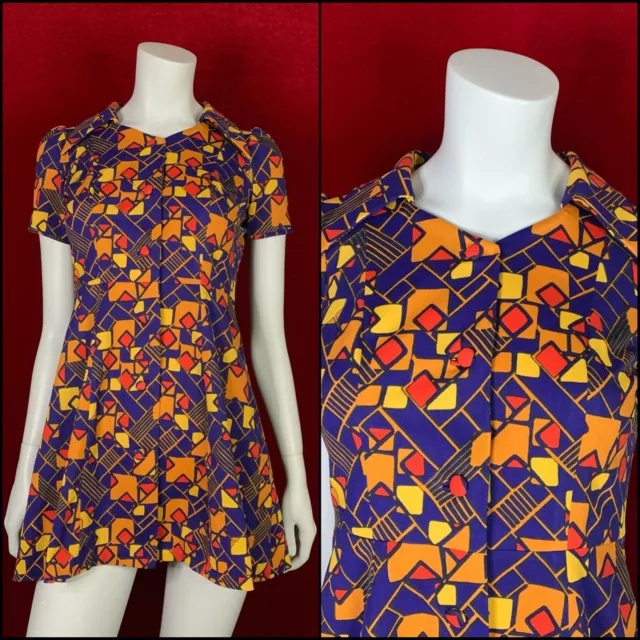 Vintage 1970s Mini Dress / 70s / Abstract / Vivid / Size S