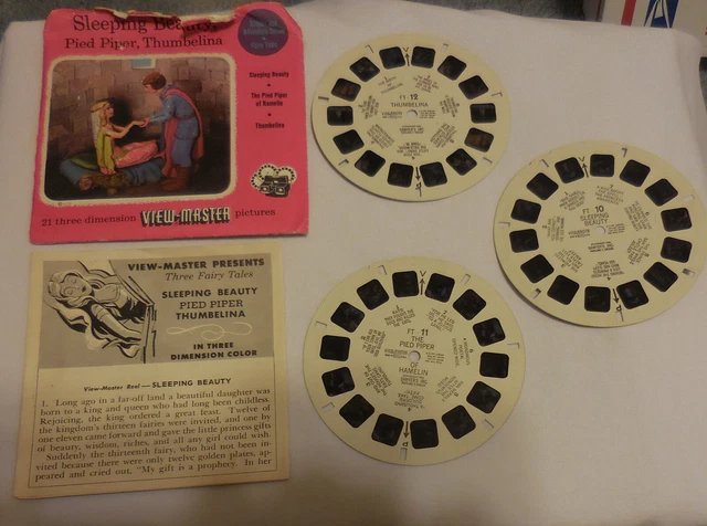 3 reels,Sleeping Beauty Pied Piper Thumbelina  View-Master Packet Reels FT,VTG