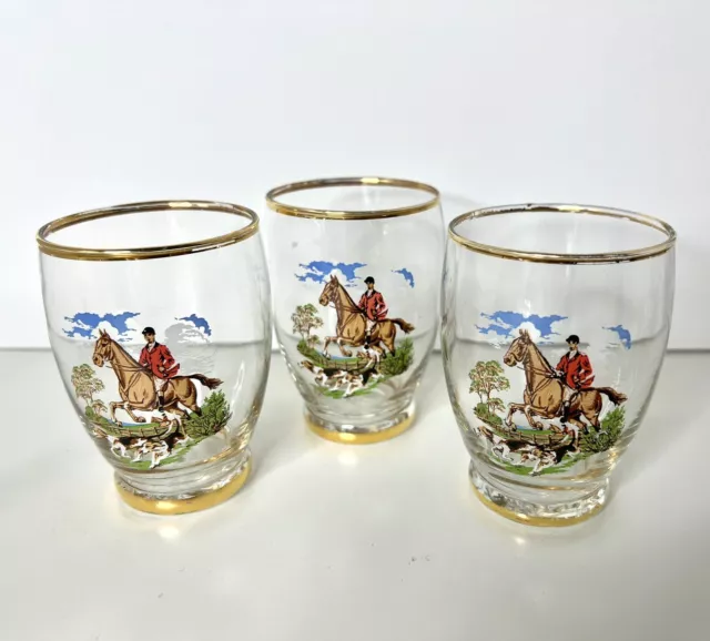English Foxhunt Horse Rider Hounds Scenic Glasses Set of 3 Germany