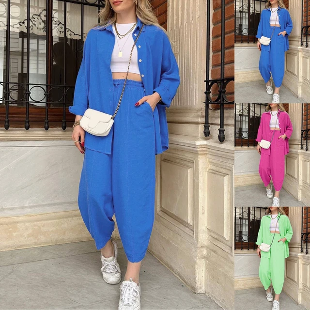 Camicia donna 2 pezzi outfits camicetta pantaloni set casual maniche lunghe scollo a V camicia