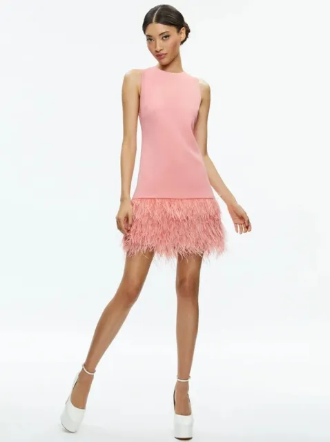 NWT Alice + Olivia COLEY FEATHER TRIM DRESS Rose (Size 0)