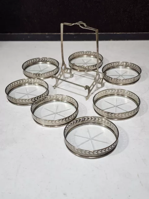 Set Of 7 - Cut Star Glass And Silver Plate Coasters In Stand Made In Japan