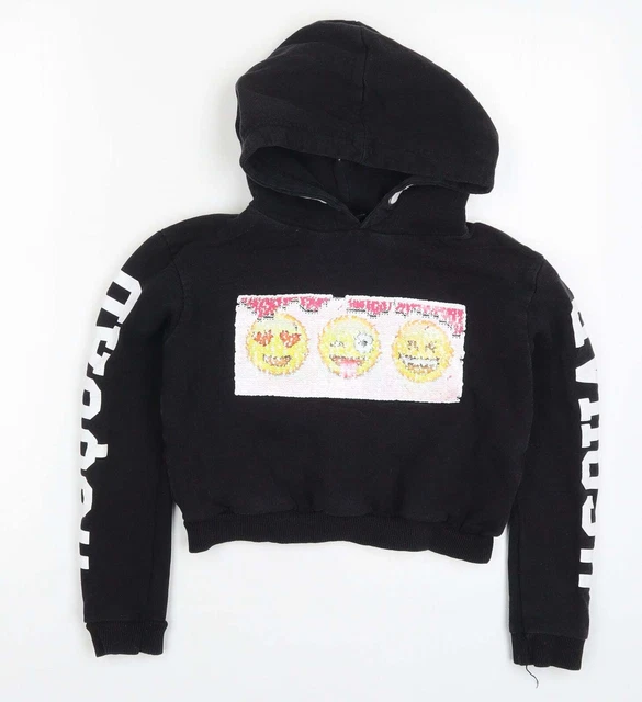 Preworn Girls Black Cotton Pullover Hoodie Size 10-11 Years Pullover - Emoji Squ