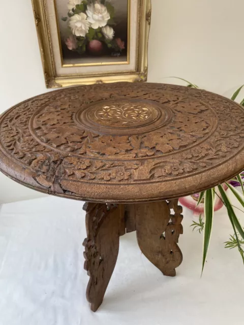 Vintage Hand Carved Inlaid 18 inch Wooden Side Table Plant Stand Ornate Folding.